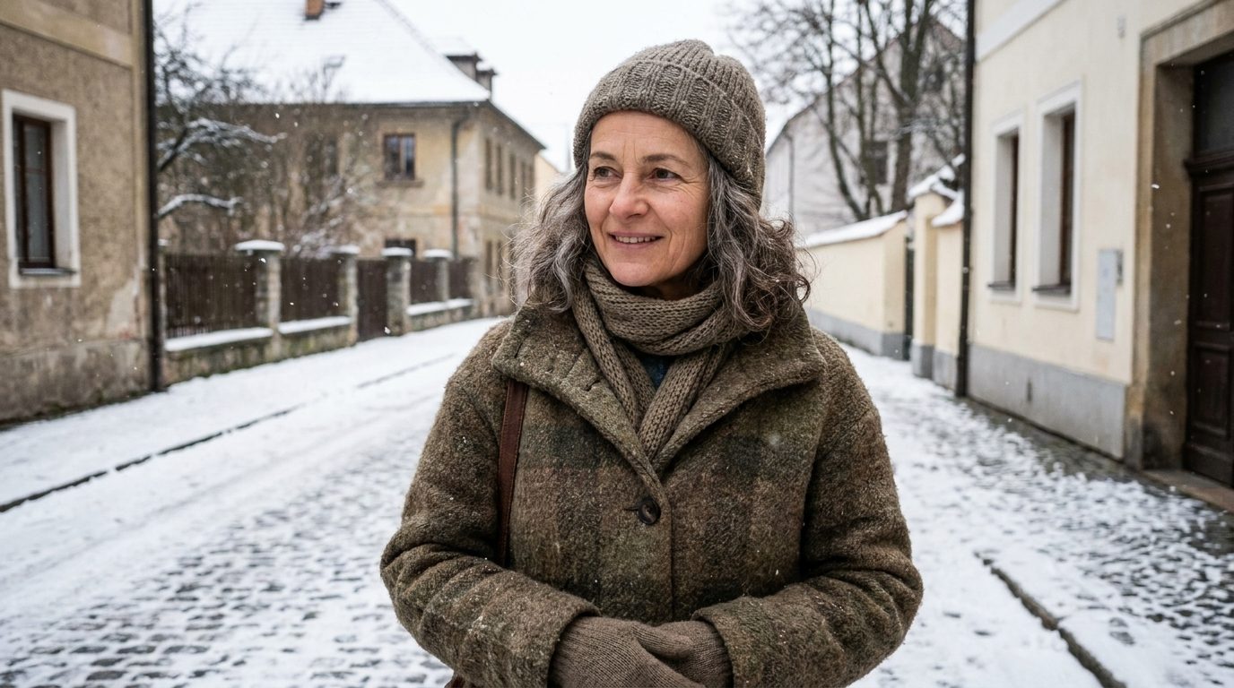 Žena na zimnej prechádzke v zasneženom meste
