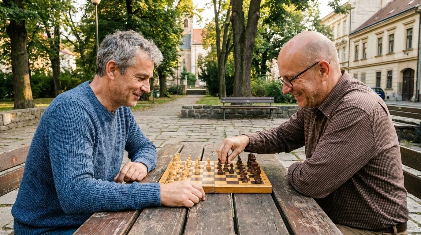 Dvaja muži hrajú šach v parku