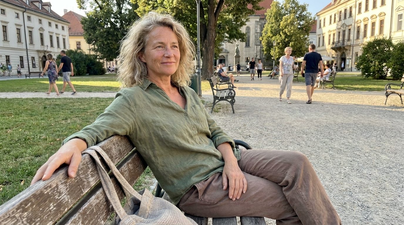 Žena odpočíva na lavičke v parku