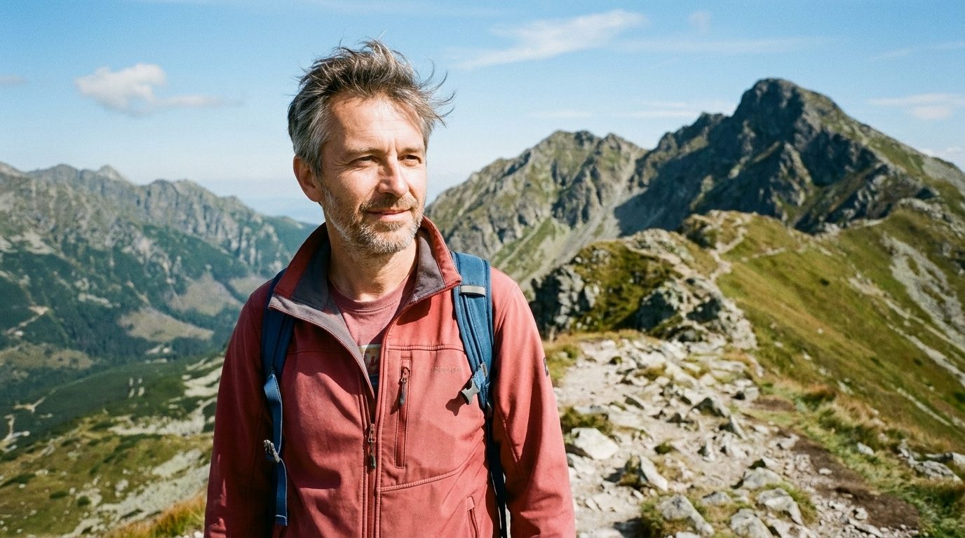 Muž na turistike na horskom hrebeni