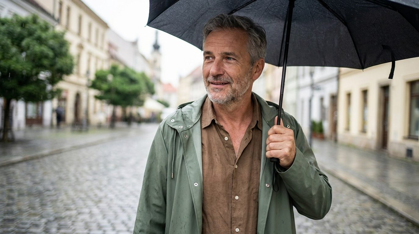 Muž kráča s dáždnikom po daždivej ulici