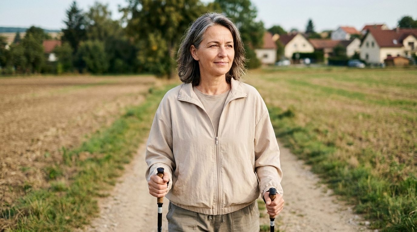Žena kráča s turistickými palicami po poľnej ceste