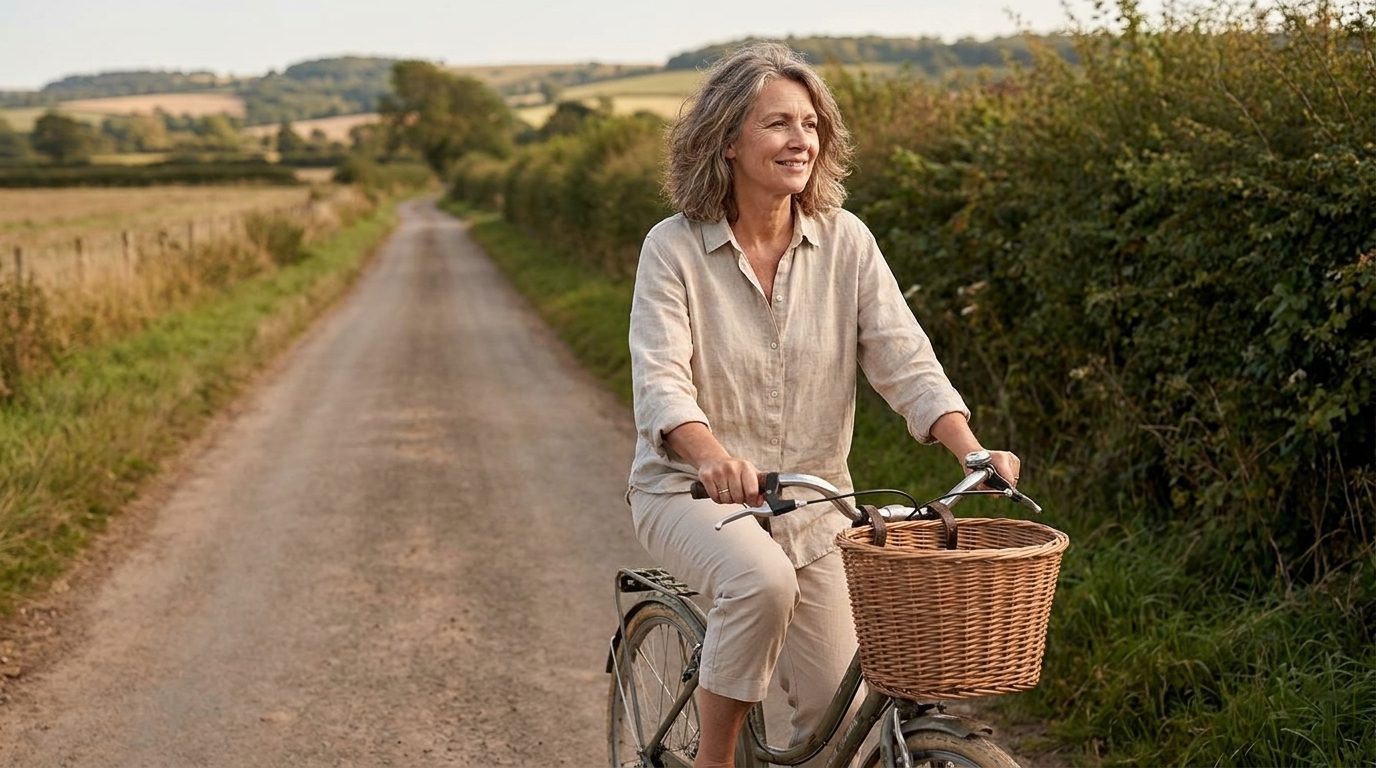 Žena na bicykli na vidieckej ceste