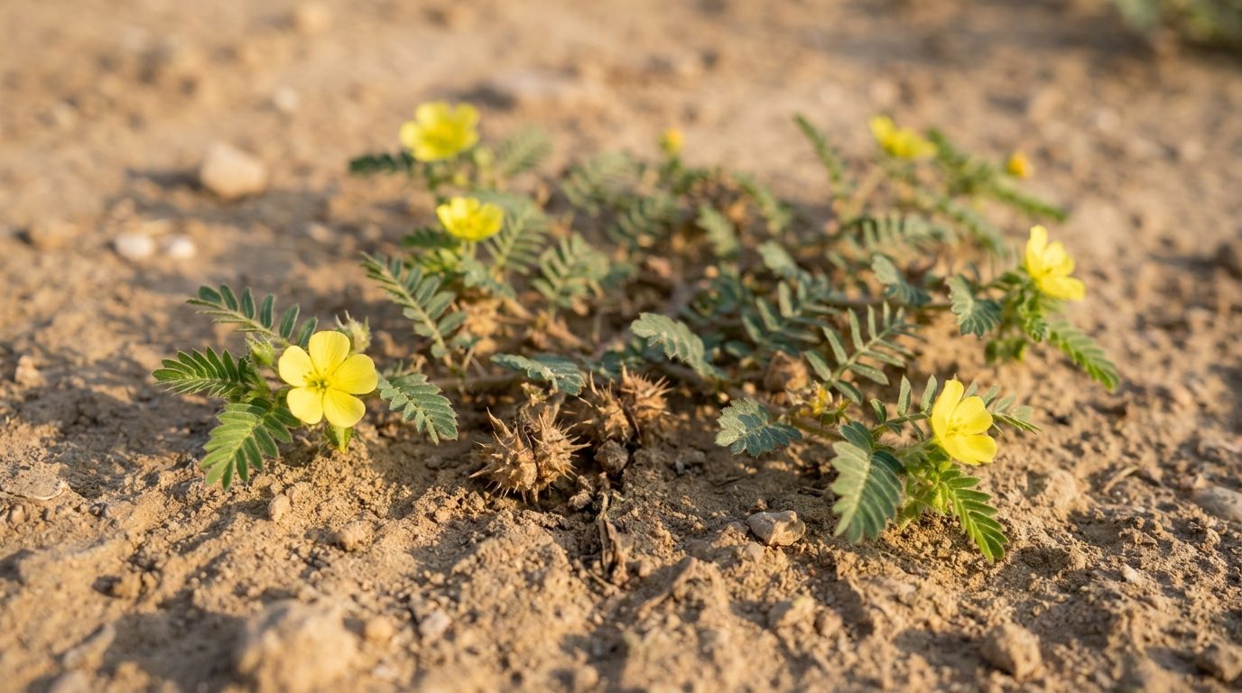 Kotvičník zemný (Tribulus terrestris) s drobnými žltými kvetmi