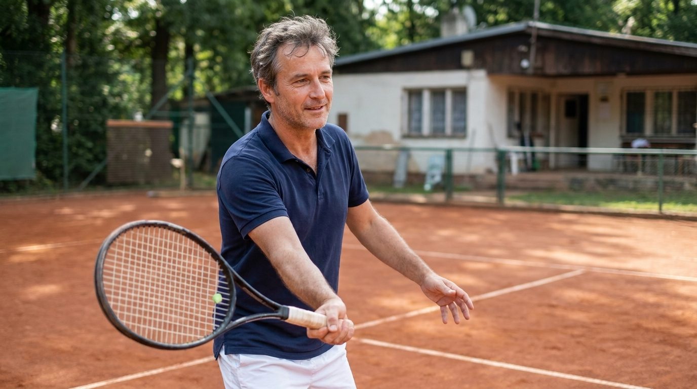 Muž hrá tenis na antukovom kurte