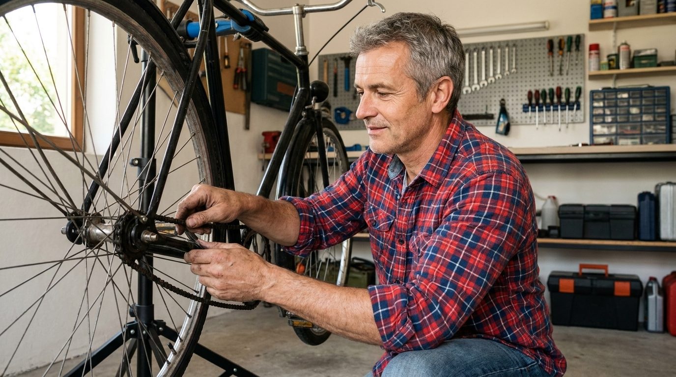 Muž opravuje bicykel v garáži