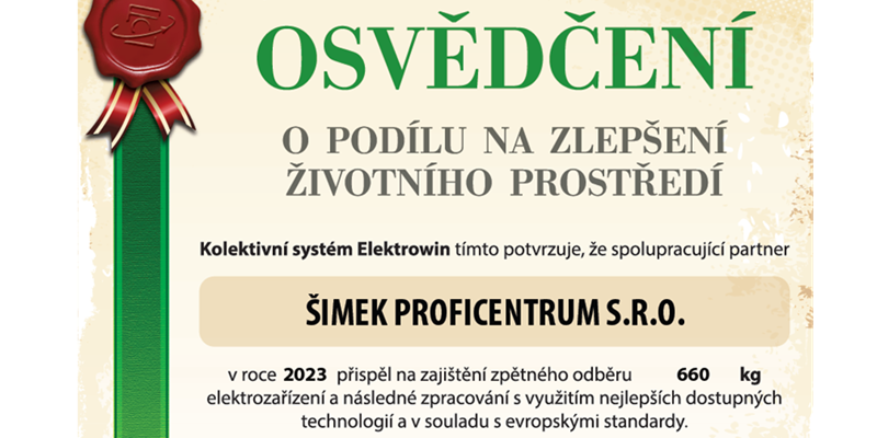 Osvědčení o našem přínosu životnímu prostředí za rok 2023