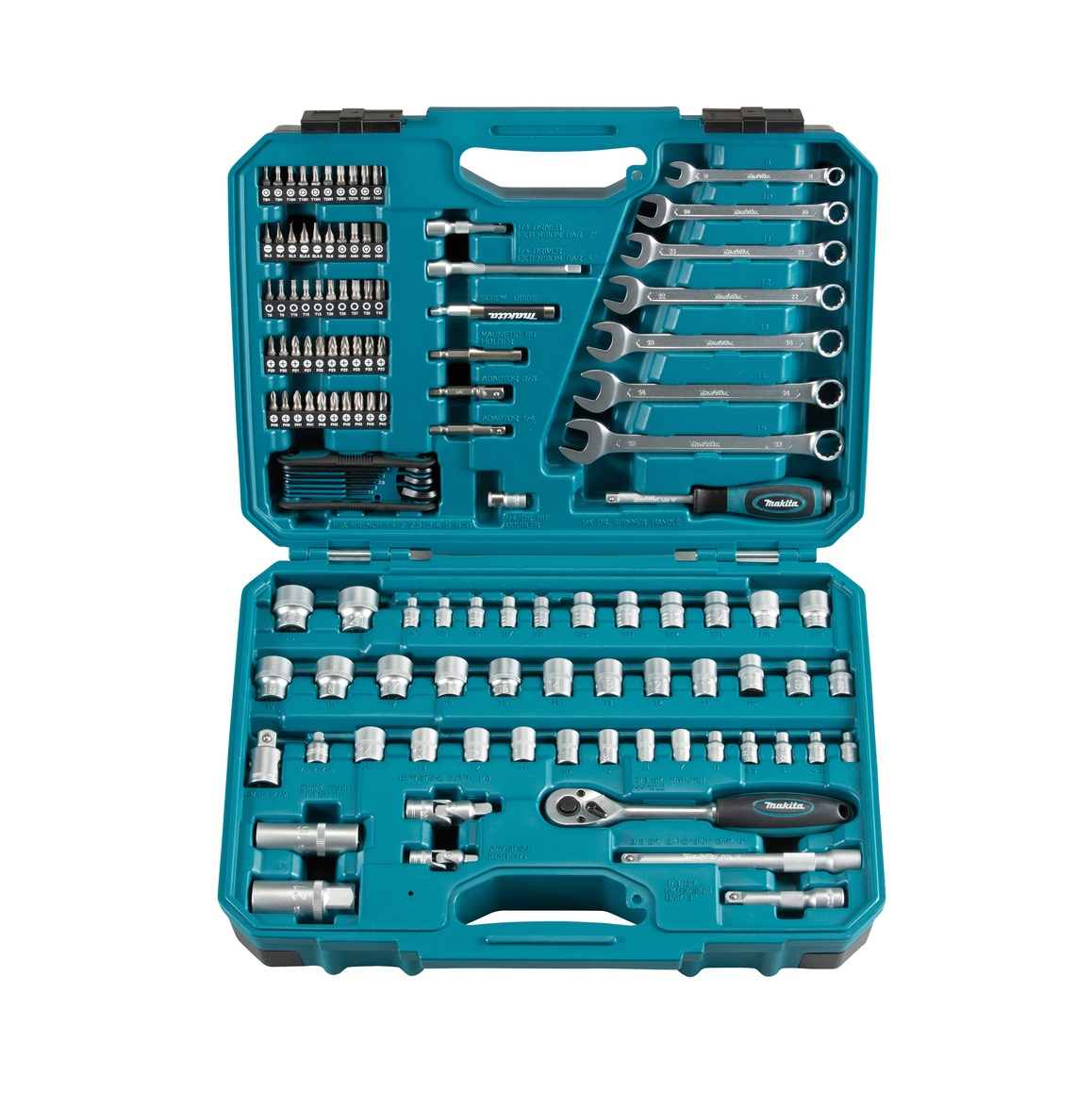 Makita E-06616 sada ručního nářadí 3/8" bity/nástrčné klíče/očkoploché klíče/ráčna, 120ks