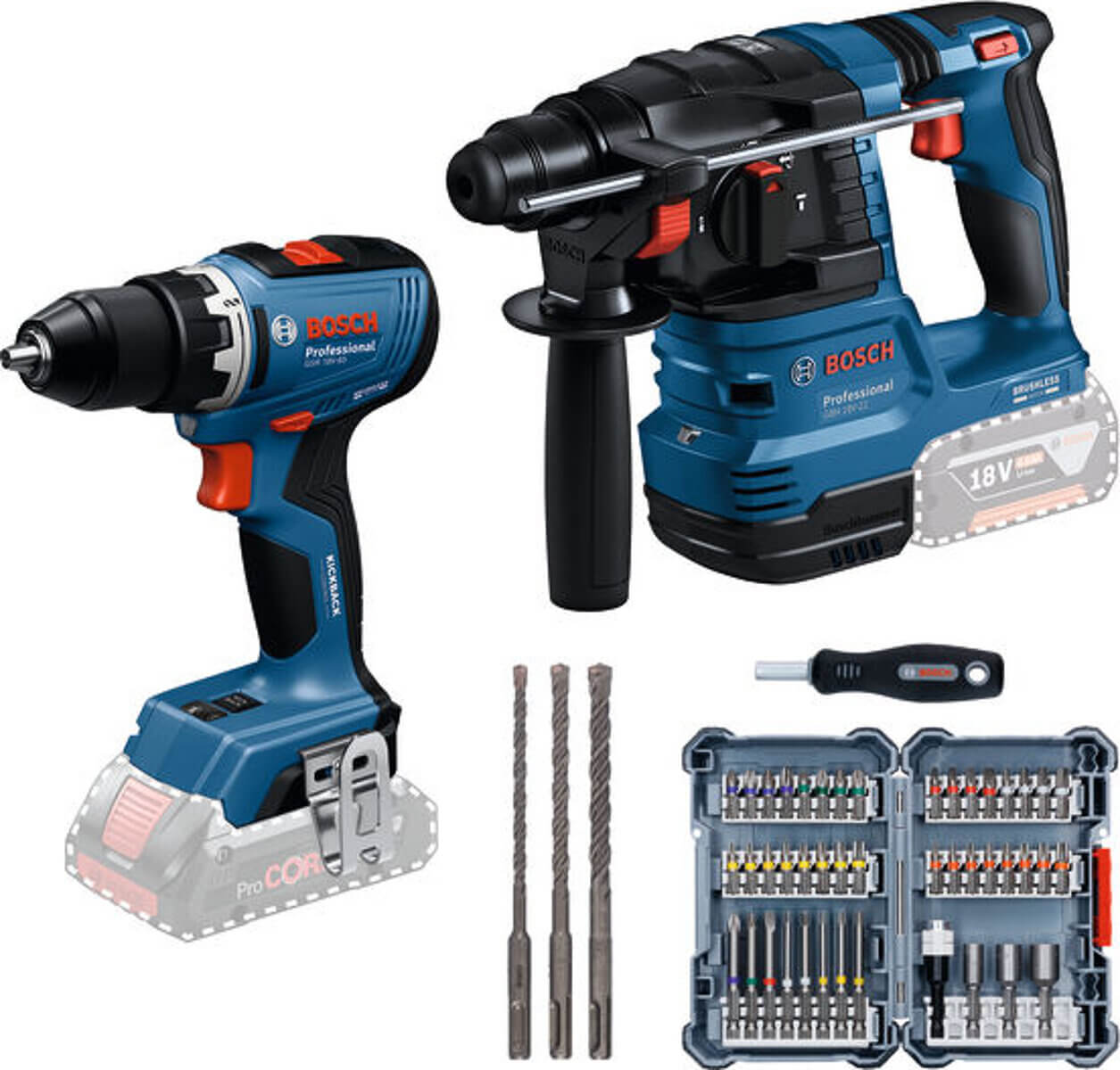 Bosch Bosch sada GSR 18V-65 + GBH 18V-22 + 45dílná sada šroubováků + 3dílná sada vrtáků 0615V0003E