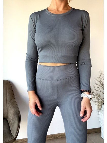Rebrovaný crop top s dlhým rukávom KELLY (Farba Šedá, Veľkosť XL)