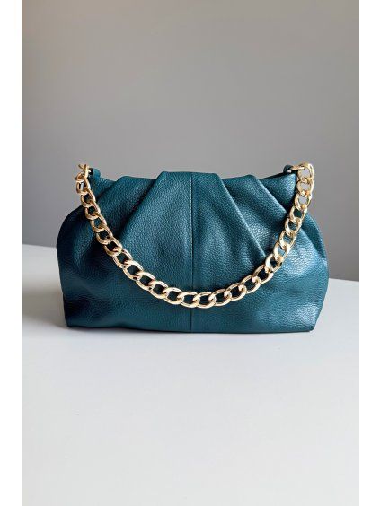 Kožená kabelka se zlatým řetězem Deep teal