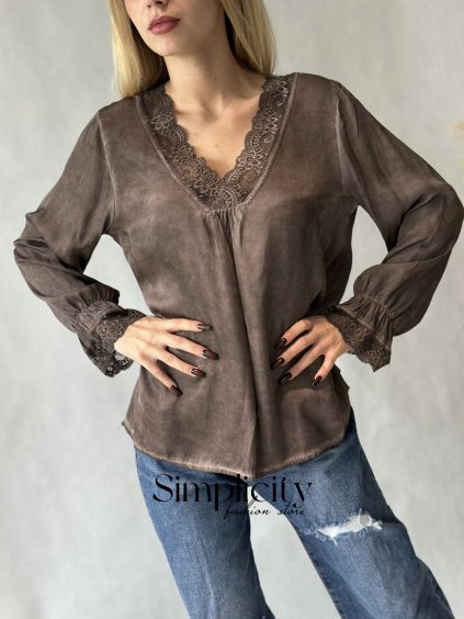 Hodvábna blúzka s krajkou Haley fango  Premium