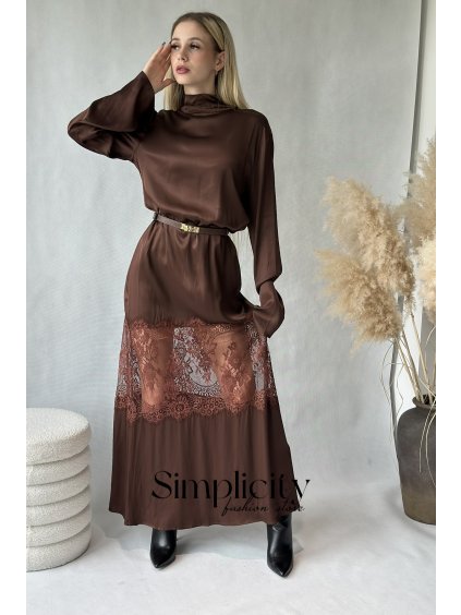 Hodvábne šaty s krajkou Tatum škoricové Premium