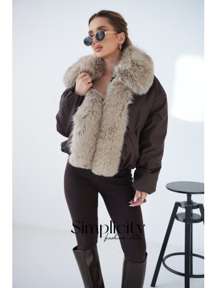 Bunda s kožušinou  BG LUXURY horká čokoláda (Rozmiar S)