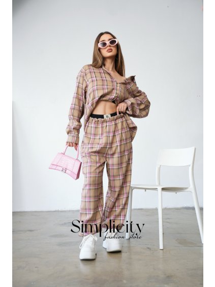 Nohavice  BG FRIDAY béžové káro (Rozmiar S)