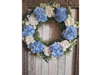 Věnec celoroční shabby chic,provence růže modrobílý