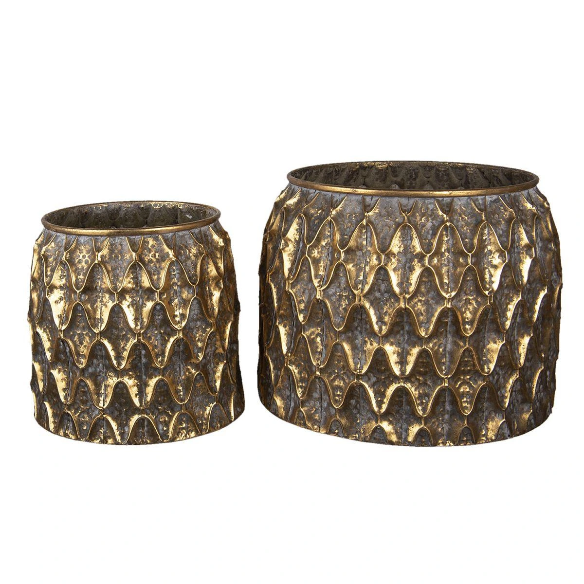 Sada dvou kovových obalů na květináč vintage zlatá patina
