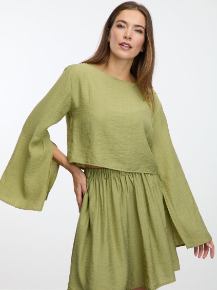 SIMPO pistáciový crop top Sands s dlouhými rukávy