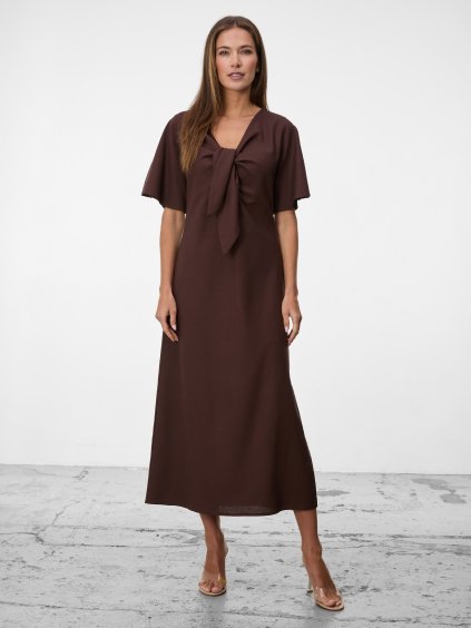 SIMPO lněné hnědé šaty Solea Mar s rukávkem