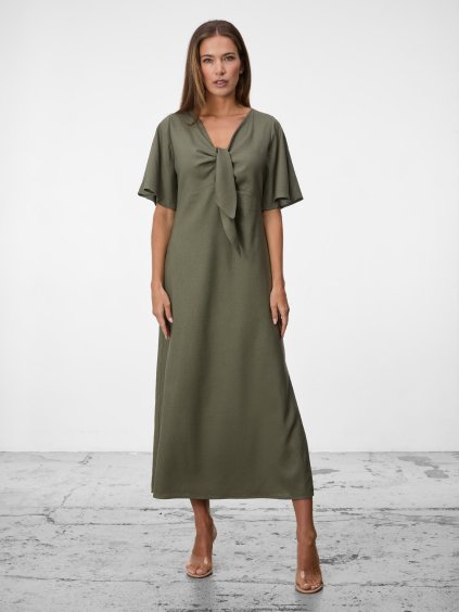 SIMPO lněné khaki šaty Solea Mar s rukávkem