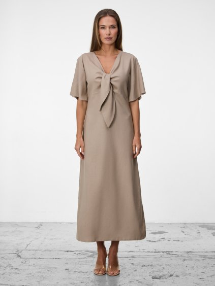 SIMPO lněné béžové šaty Solea Mar s rukávkem