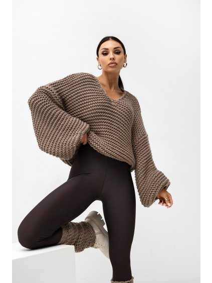 Svetr s širokými rukávy a V výstřihem MARGARET cappuccino