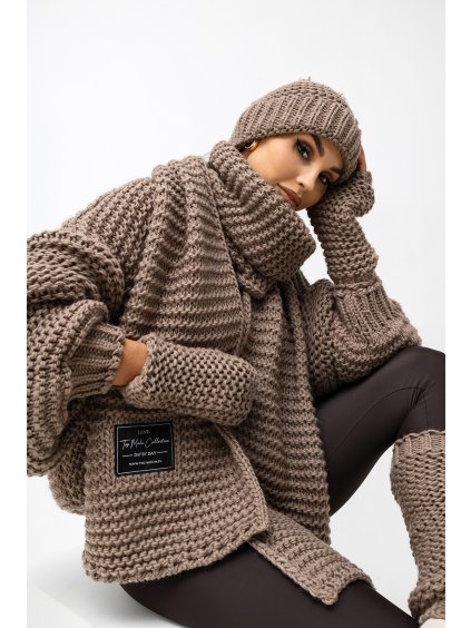 Pletený zimní set FIONA- šála, čepice, rukavice, návleky - cappuccino