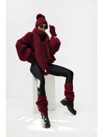 Pletený zimní set FIONA- šála, čepice, rukavice, návleky - bordó