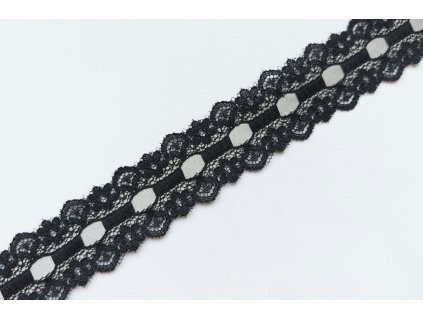 Nepružná černá krajka se stříbrnou stuhou