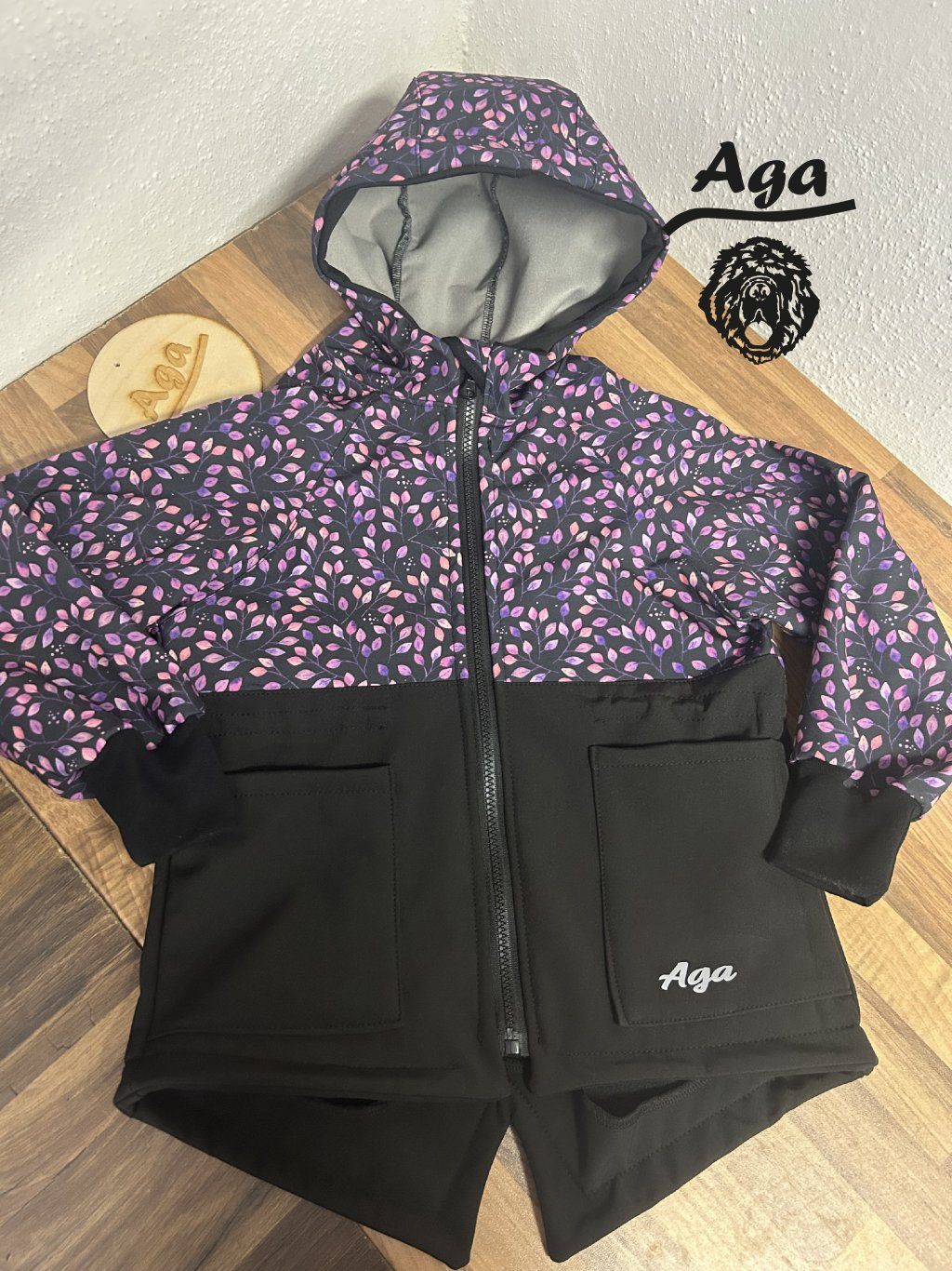 Softshell parka/ bunda - fialové lístečky - FLEESE