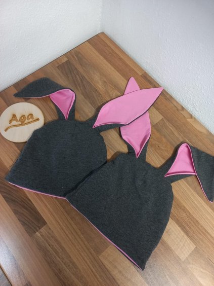 Čepice ušatá a nákrčník šedo-růžová