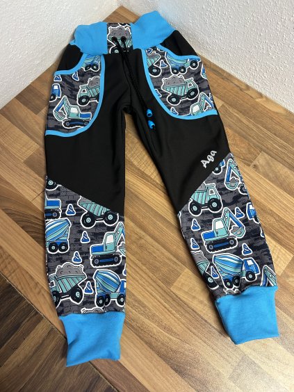 Softshell kalhoty modré stavební stroje s černou našikmo - FLEECE