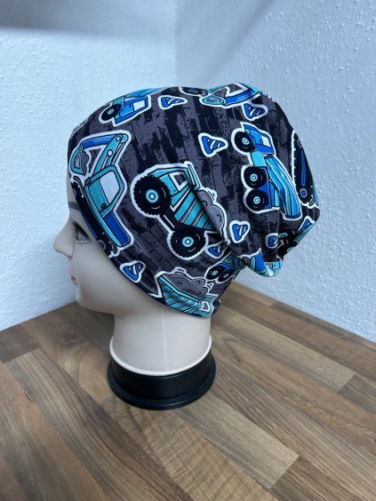 Čepice a nákrčník modré stavební stroje