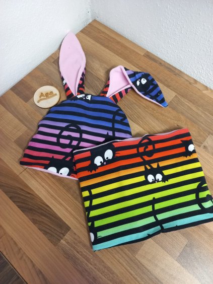 Čepice ušatá a nákrčník pruhaté kočky