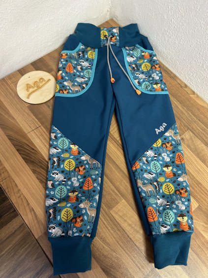 Softshell kalhoty lesni zvířátka na petroleji - FLEECE