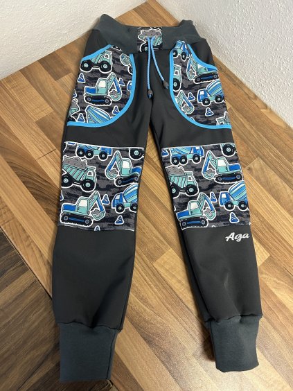 Softshell kalhoty modré stavební stroje šedý základ - FLEECE