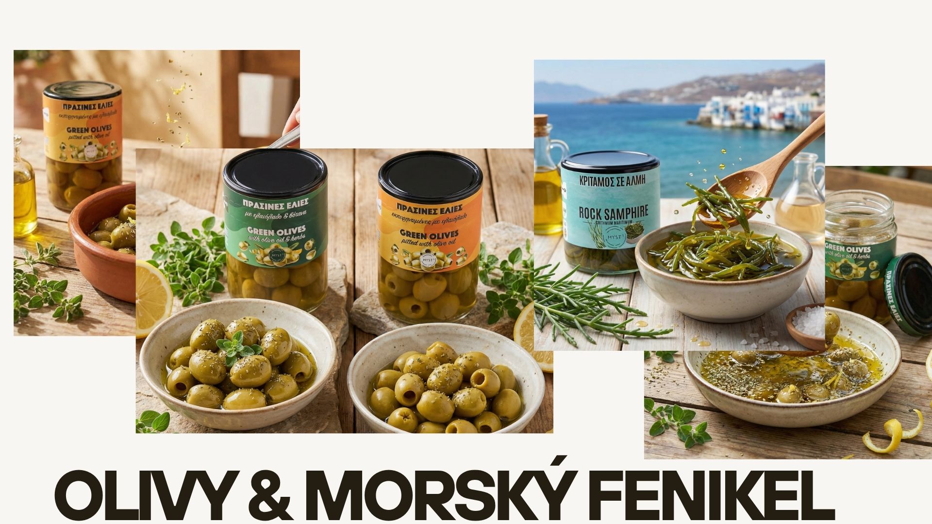Kolas produktov MYST obsahujúci zelené olivy s bylinkami v miskách a zaváraný morský fenikel pri mori.