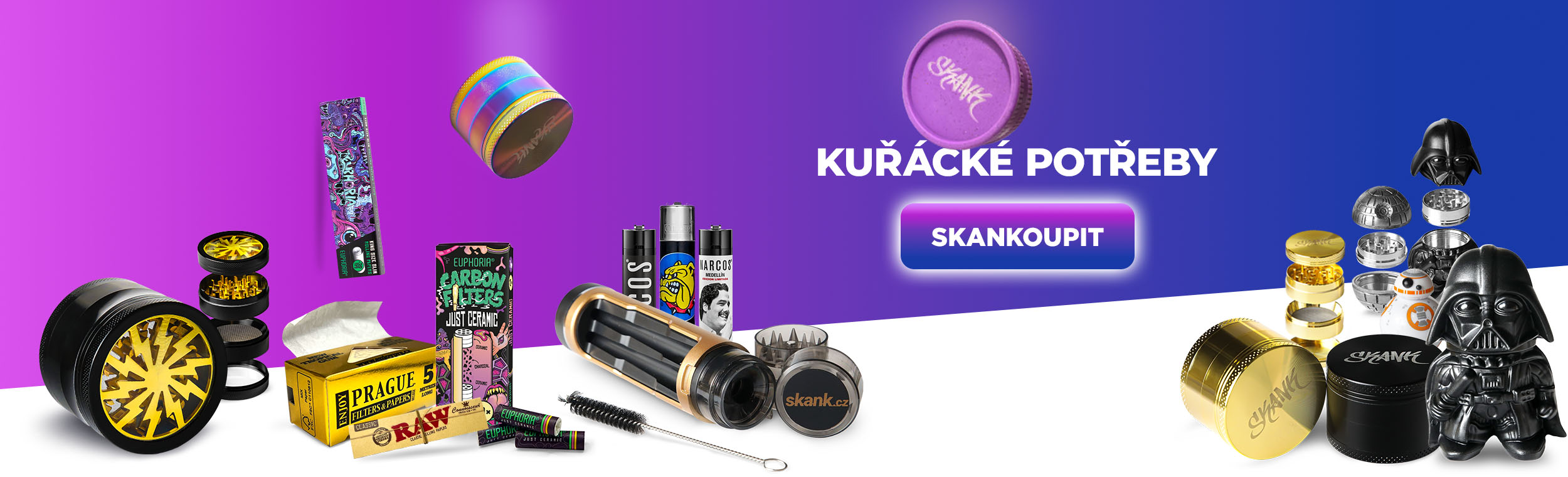 Kuřácké potřeby - drtičky, papírky, filtry, dutinky, bonga, šlukovky, dutinky, brkobaliče, d-tox, blunty, zapalovače