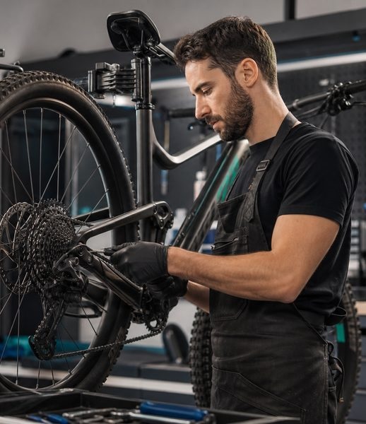 Mechanik opravuje kolo v dílně Ski&Bike