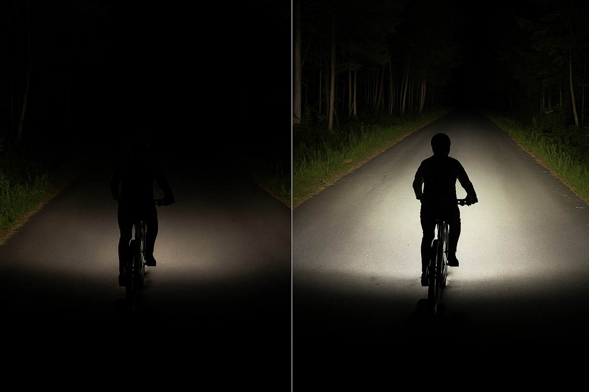 Cyklista jede v noci po silnici se silně osvětlenou cestou