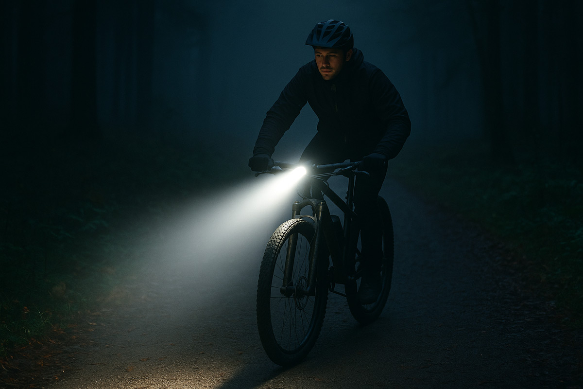 Cyklista jede za šera s rozsvíceným světlem na kole