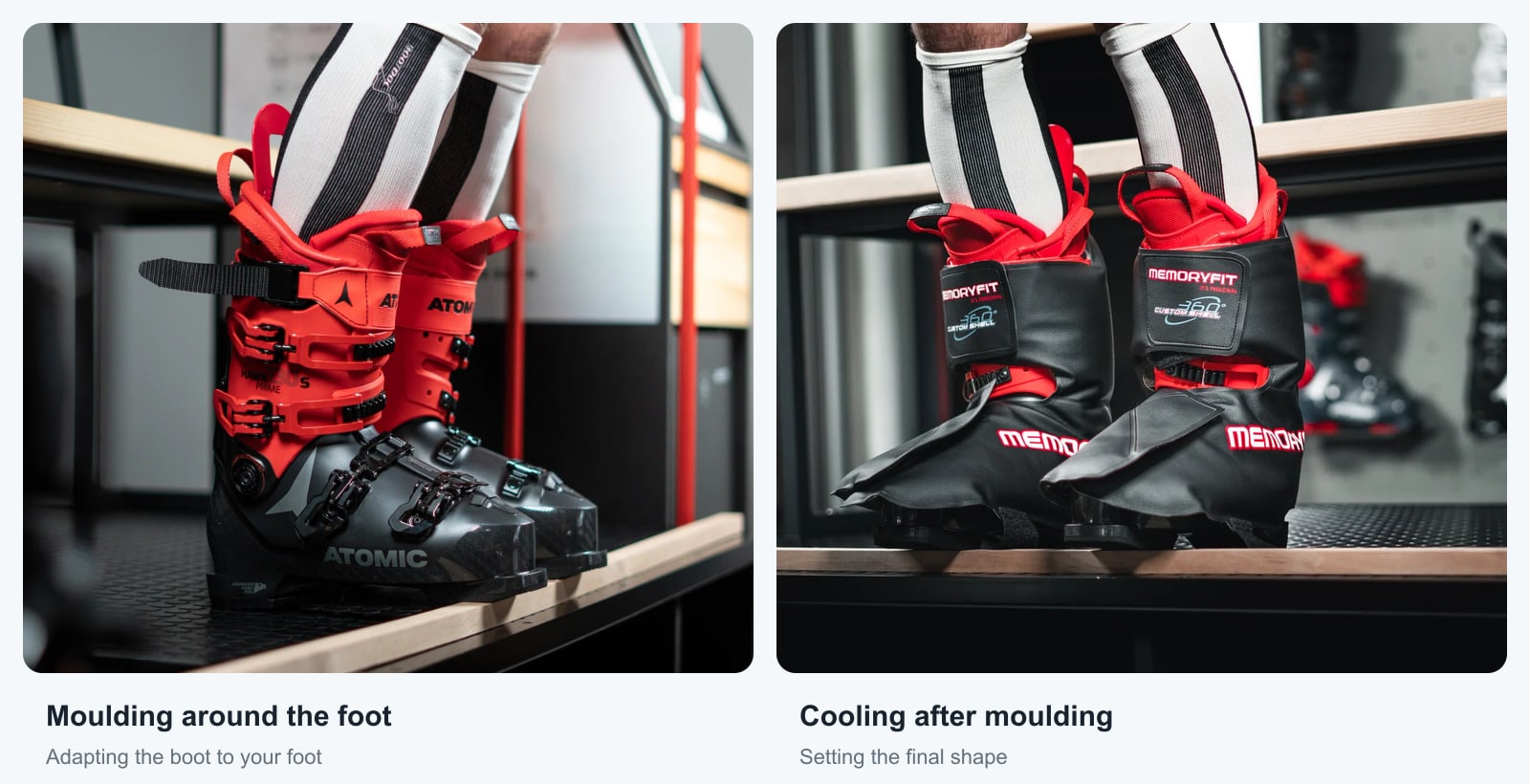 Atomic ski boots being moulded on the foot and cooled afterwards