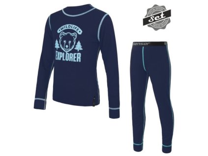 Sensor Double Face Set Wild dětský triko dl. rukáv + spodky Deep Blue