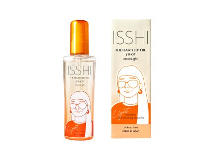 ISSHI THE HAIR KEEP OIL βSHOT MOISTLIGHT ボトル＆化粧箱 白背景