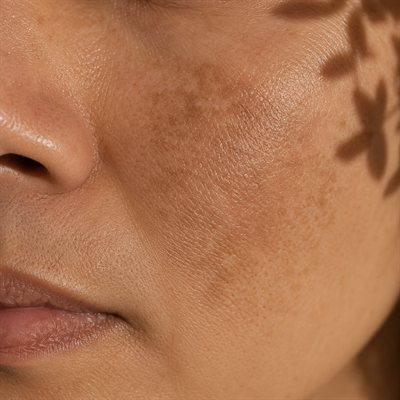 Detail tváře s neostře ohraničenou hnědou mapou melasmy nad horním rtem