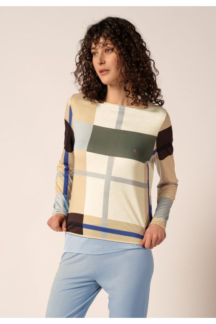 HUBER dámske tričko dlhý rukáv Night Selection (Farba blue-sand check-h191, Veľkosť 46)