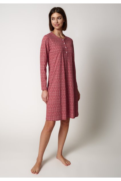 Huber dámska nočná košeľa s dlhým rukávom a priliehavým strihom Night Basic Selection (Farba red acorntapestry-h297, Veľkosť 52/54)