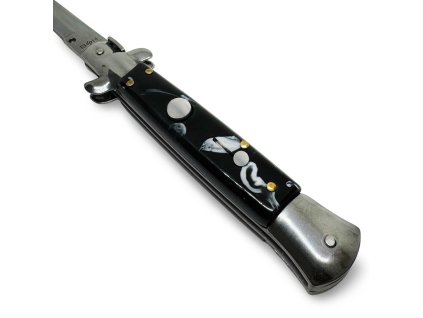 57739 stilleto klasicky pruzinovy nuz italy s mosaznymi prvky cerny 22 cm