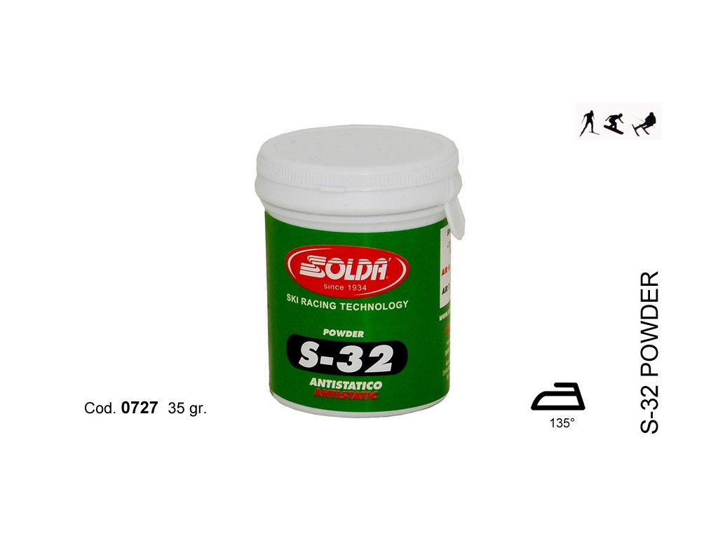 SOLDA S-32  powder  gr 35 (Produkt vhodný pro podmínky s nízkou vlhkostí vzduchu (pod 50%) a pro suchý, větrem vyfoukaný a studený sníh. Zažehluje se 135°C.