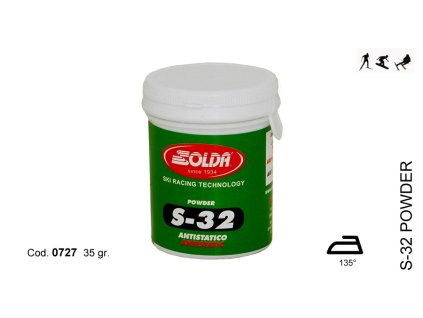 SOLDA S-32  powder  gr 35 (Produkt vhodný pro podmínky s nízkou vlhkostí vzduchu (pod 50%) a pro suchý, větrem vyfoukaný a studený sníh. Zažehluje se 135°C.